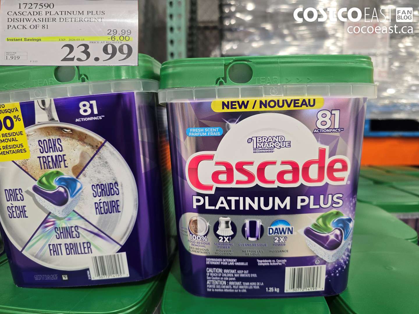 1727590 CASCADE PLATINUM PLUS DISHWASHER DETERGENT PACK OF 81 ($6.00 INSTANT SAVINGS EXPIRES ON 2026-03-15) $23.99