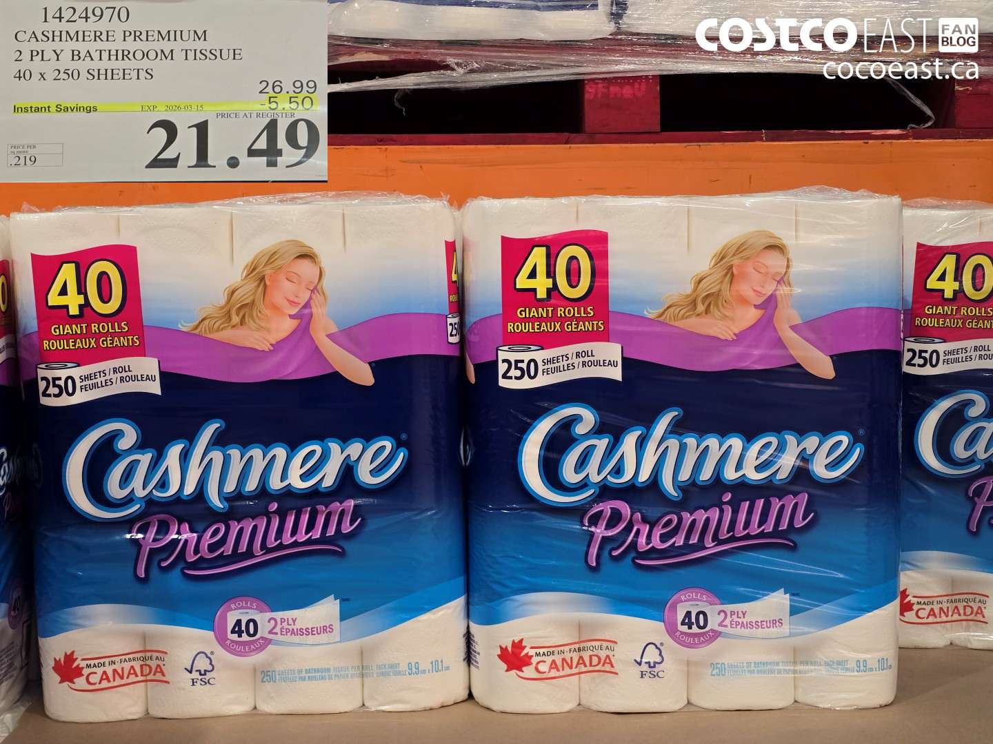 1424970 CASHMERE PREMIUM 2 PLY BATHROOM TISSUE 40 X 250 SHEETS ($5.50 INSTANT SAVINGS EXPIRES ON 2026-03-15) $21.49