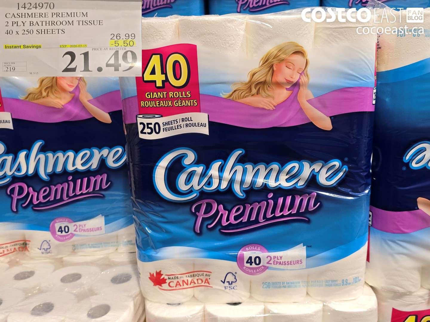1424970 CASHMERE PREMIUM 2 PLY BATHROOM TISSUE 40 X 250 SHEETS ($5.50 INSTANT SAVINGS EXPIRES ON 2026-03-15) $21.49