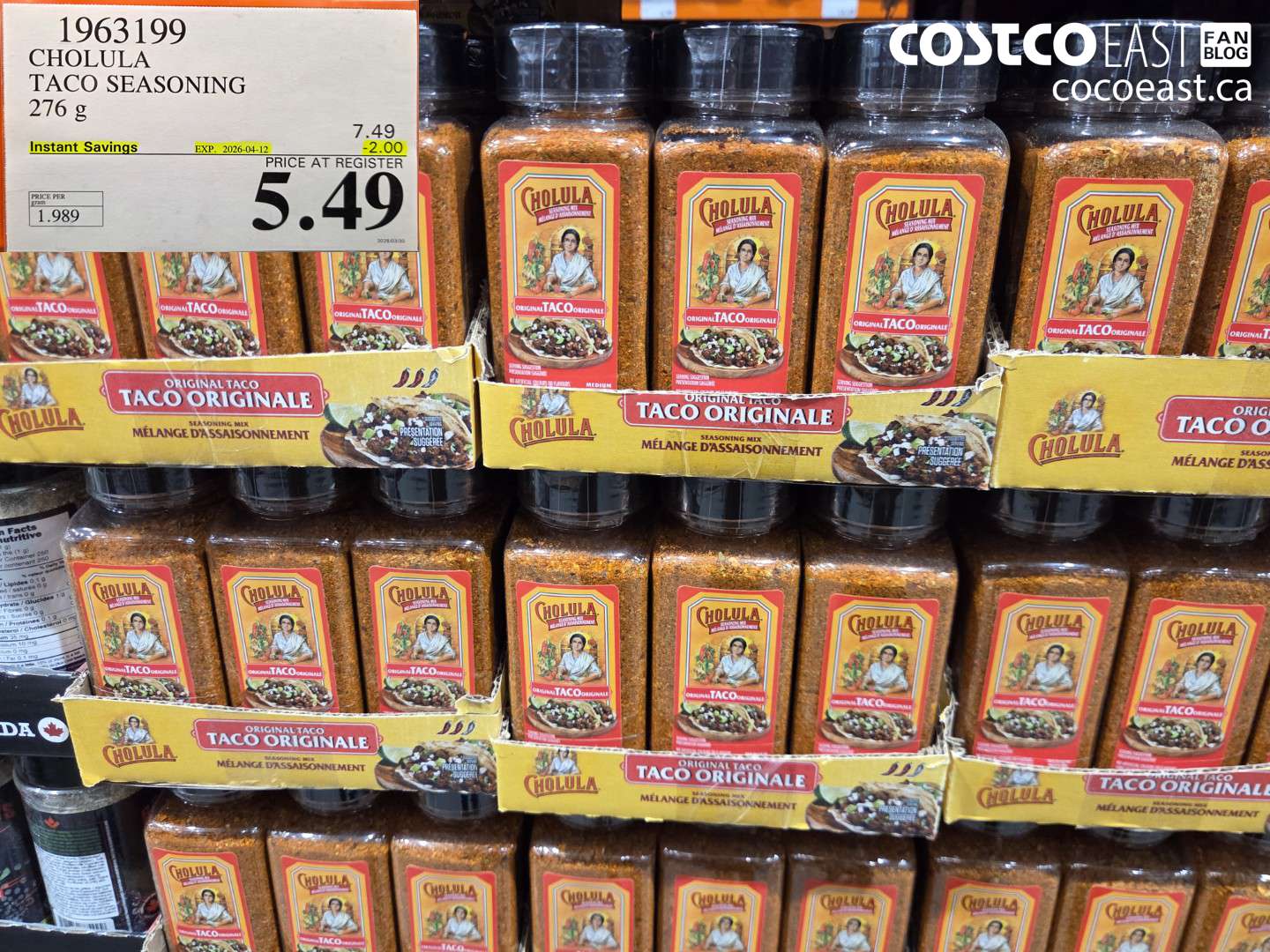 1963199 CHOLULA TACO SEASONING 276 G ($2.00 INSTANT SAVINGS EXPIRES ON 2026-04-12) $5.49
