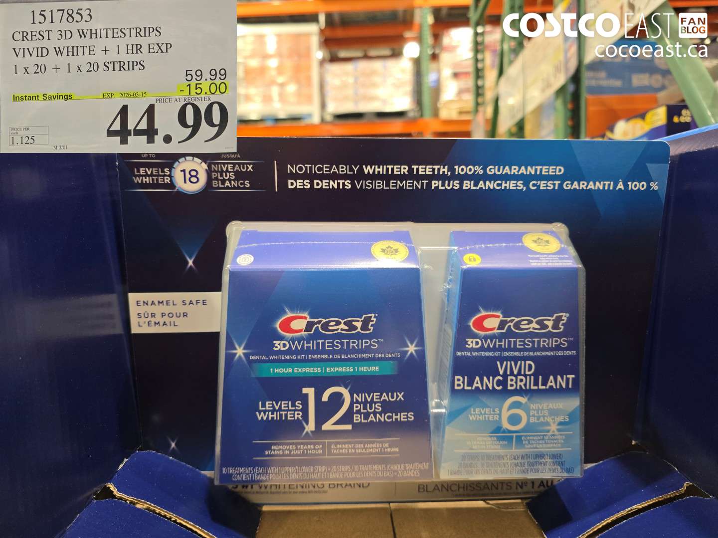 1517853 CREST 3D WHITESTRIPS VIVID WHITE + 1 HR EXP 1 X 20 + 1 X 20 STRIPS ($15.00 INSTANT SAVINGS EXPIRES ON 2026-03-15) $44.99