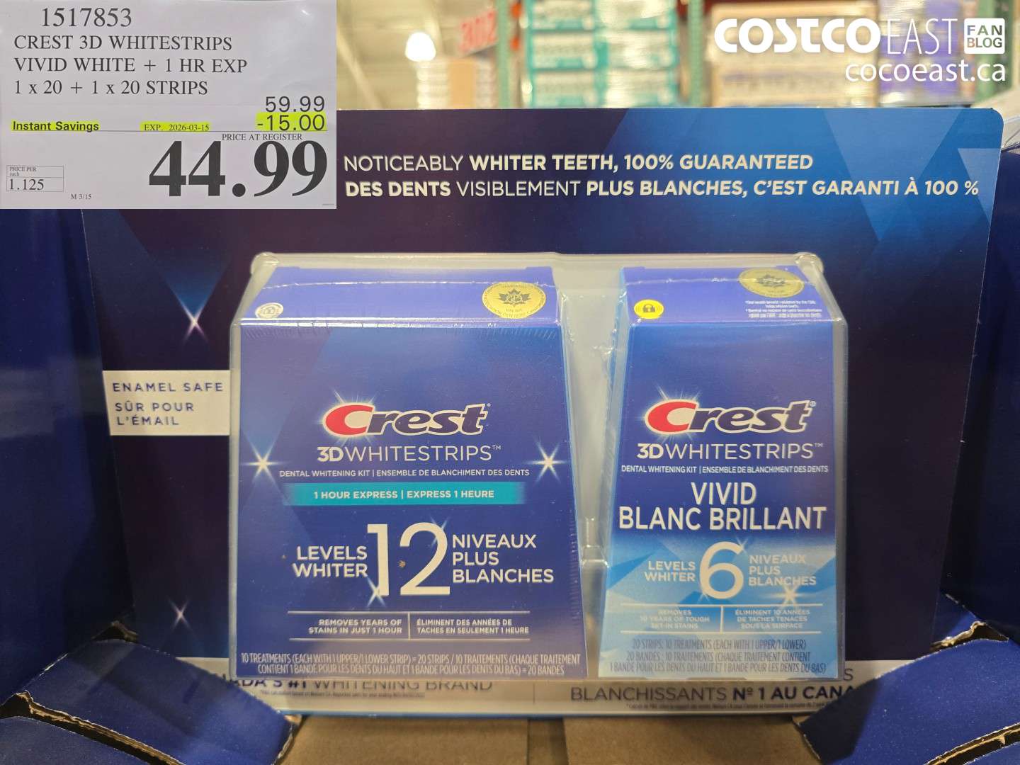 1517853 CREST 3D WHITESTRIPS VIVID WHITE + 1 HR EXP 1 X 20 + 1 X 20 STRIPS ($15.00 INSTANT SAVINGS EXPIRES ON 2026-03-15) $44.99