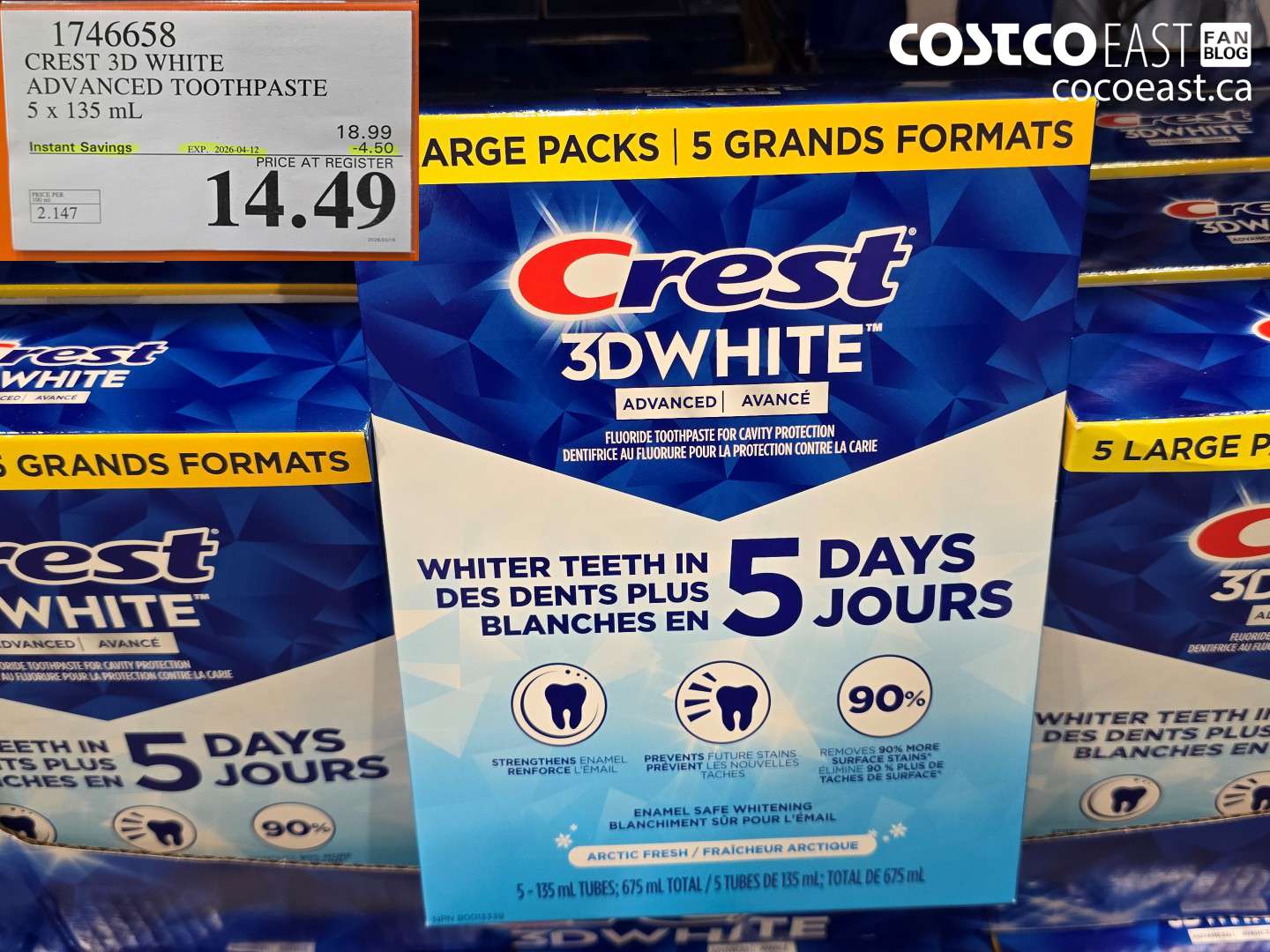 1746658 CREST 3D WHITE ADVANCED TOOTHPASTE 5 X 135 ML ($4.50 INSTANT SAVINGS EXPIRES ON 2026-04-12) $14.49