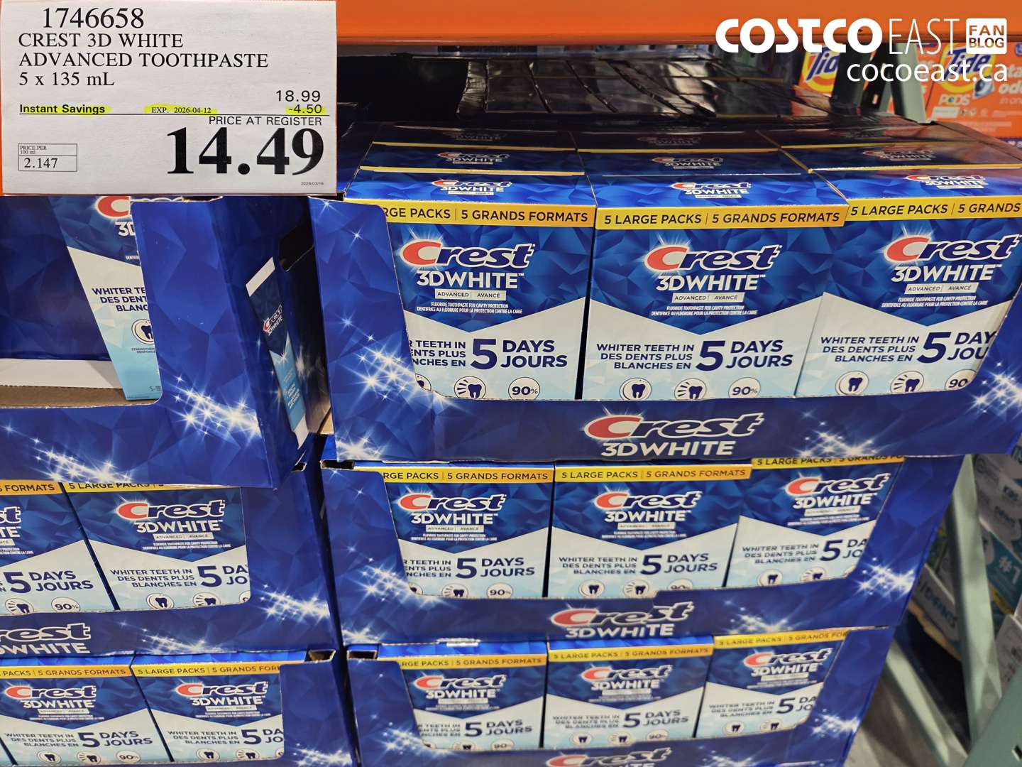 1746658 CREST 3D WHITE ADVANCED TOOTHPASTE 5 X 135 ML ($4.50 INSTANT SAVINGS EXPIRES ON 2026-04-12) $14.49