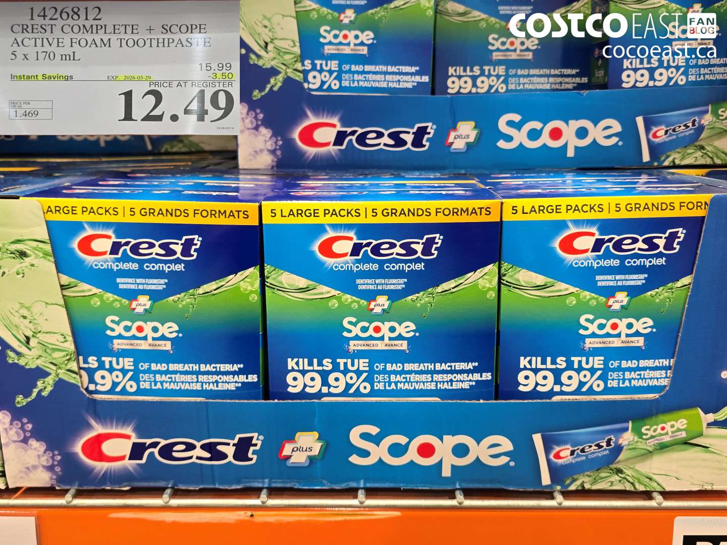 1426812 CREST COMPLETE + SCOPE ACTIVE FOAM TOOTHPASTE 5 X 170 ML ($3.50 INSTANT SAVINGS EXPIRES ON 2026-03-29) $12.49
