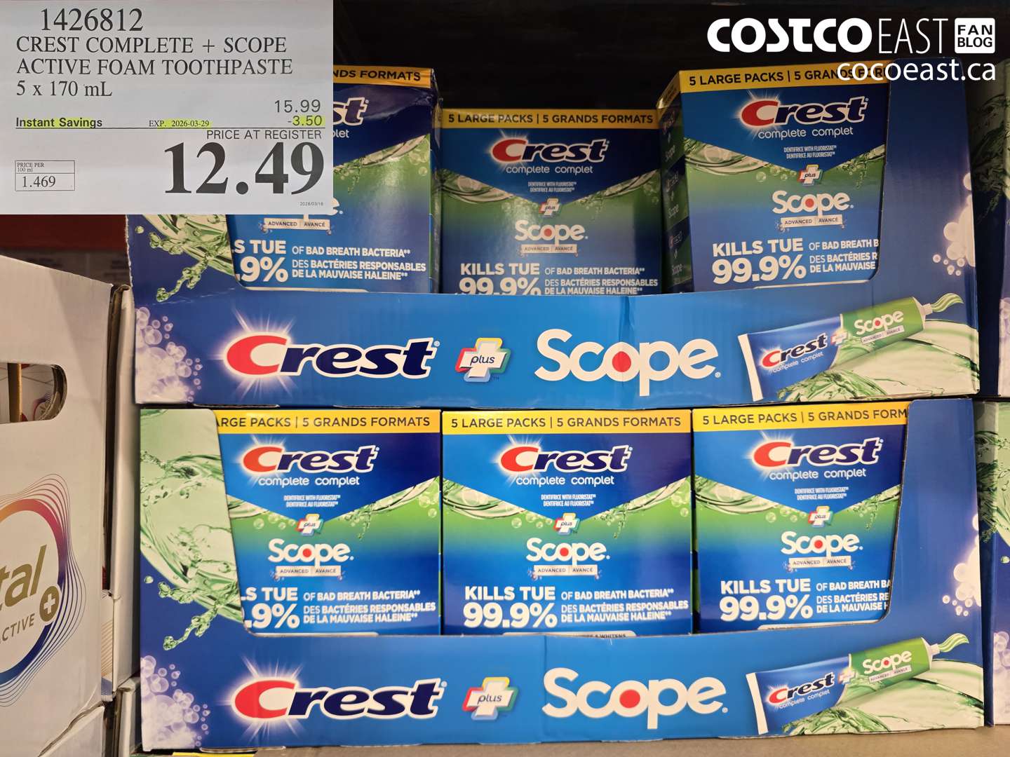 1426812 CREST COMPLETE + SCOPE ACTIVE FOAM TOOTHPASTE 5 X 170 ML ($3.50 INSTANT SAVINGS EXPIRES ON 2026-03-29) $12.49