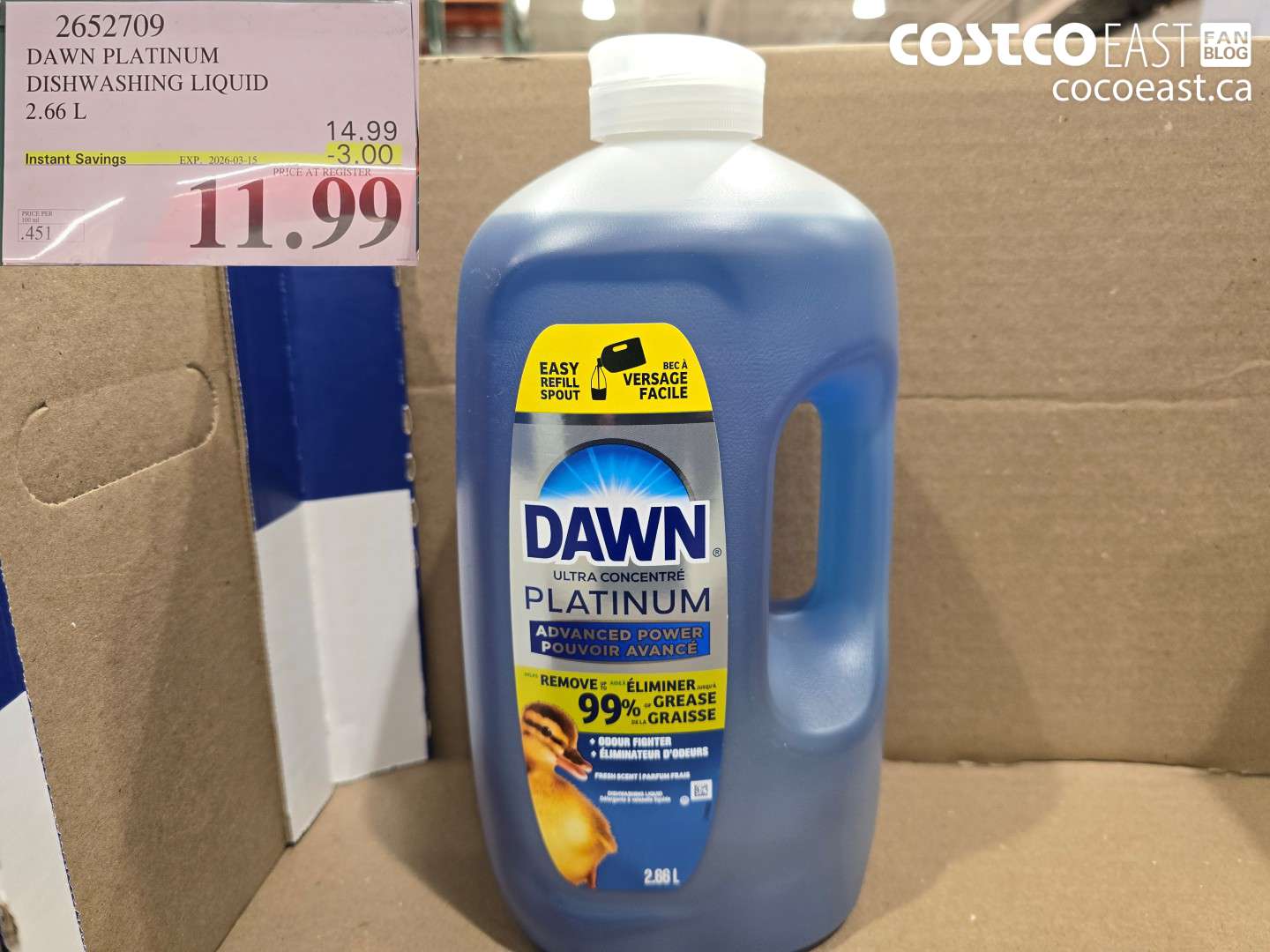 2652709 DAWN PLATINUM DISHWASHING LIQUID 2.66 L ($3.00 INSTANT SAVINGS EXPIRES ON 2026-03-15) $11.99