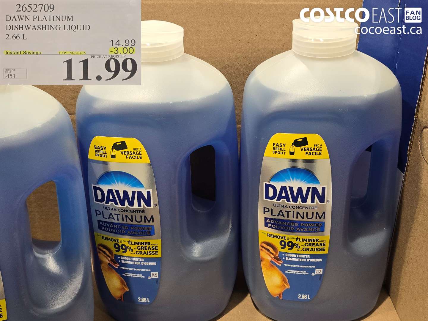 2652709 DAWN PLATINUM DISHWASHING LIQUID 2.66 L ($3.00 INSTANT SAVINGS EXPIRES ON 2026-03-15) $11.99