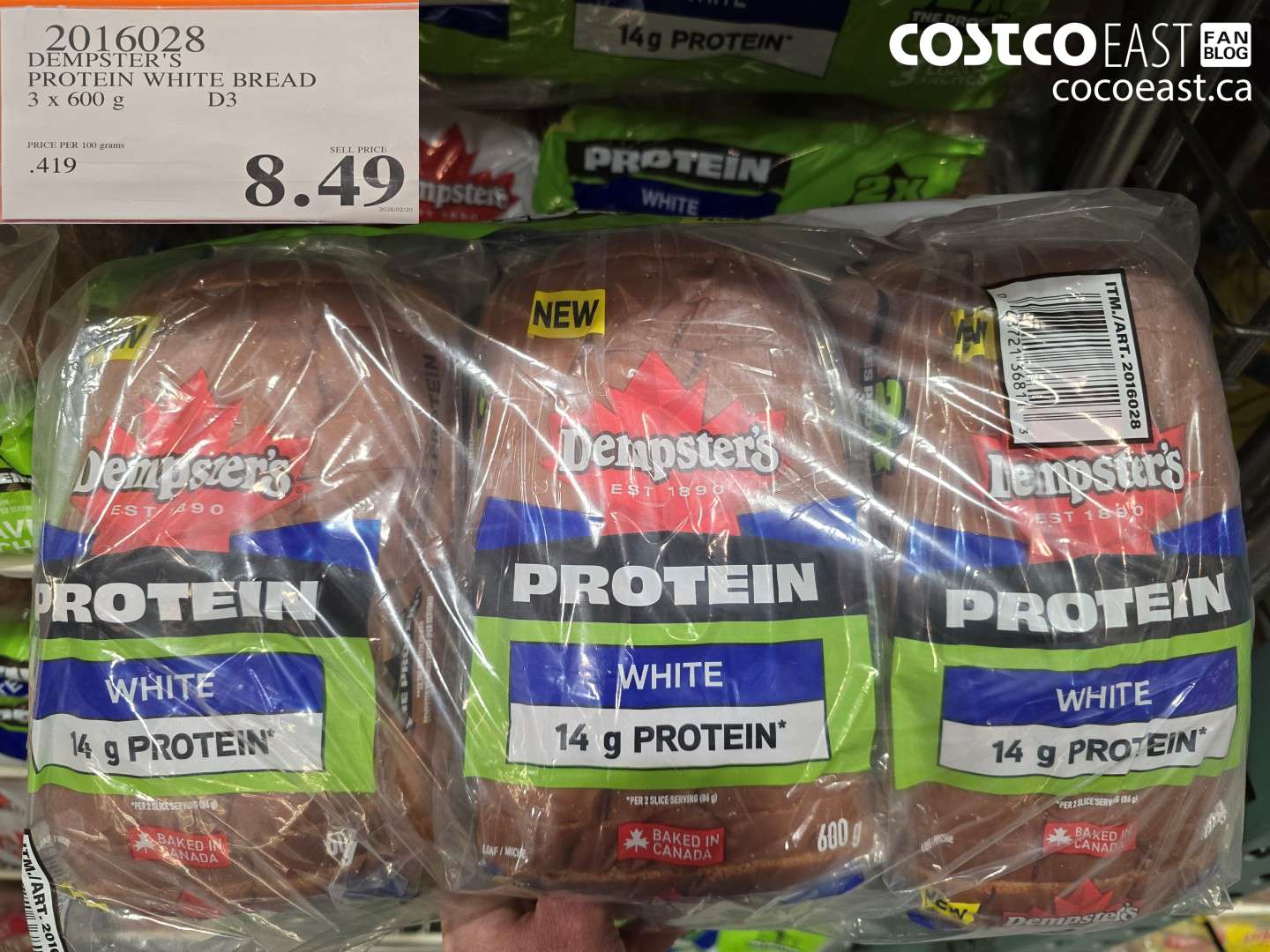 20160628 DEMPSTER'S PROTEIN WHITE BREAD 3 X 600 G $8.49