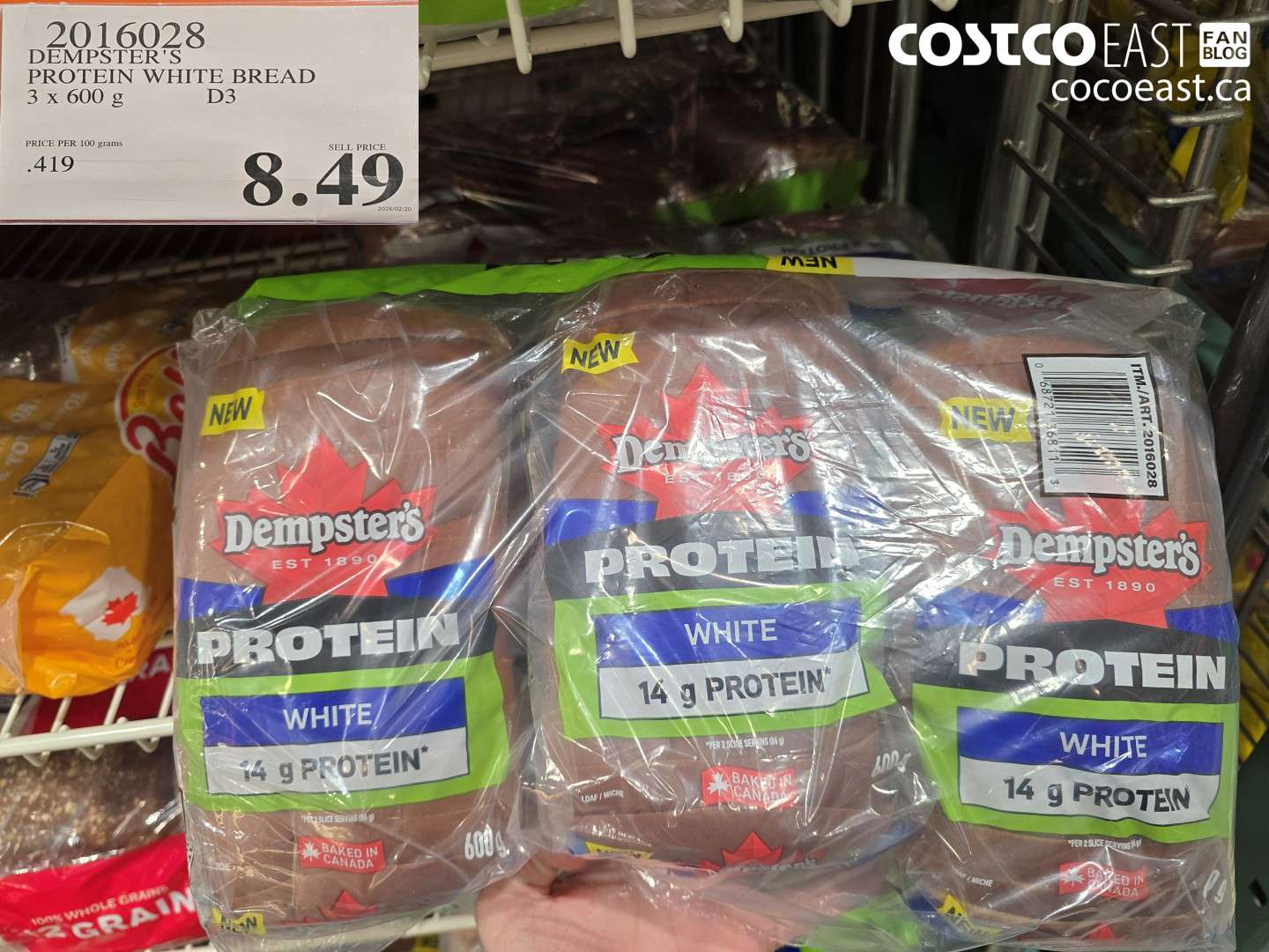 2016028 DEMPSTER'S PROTEIN WHITE BREAD 3 X 600 G $8.49