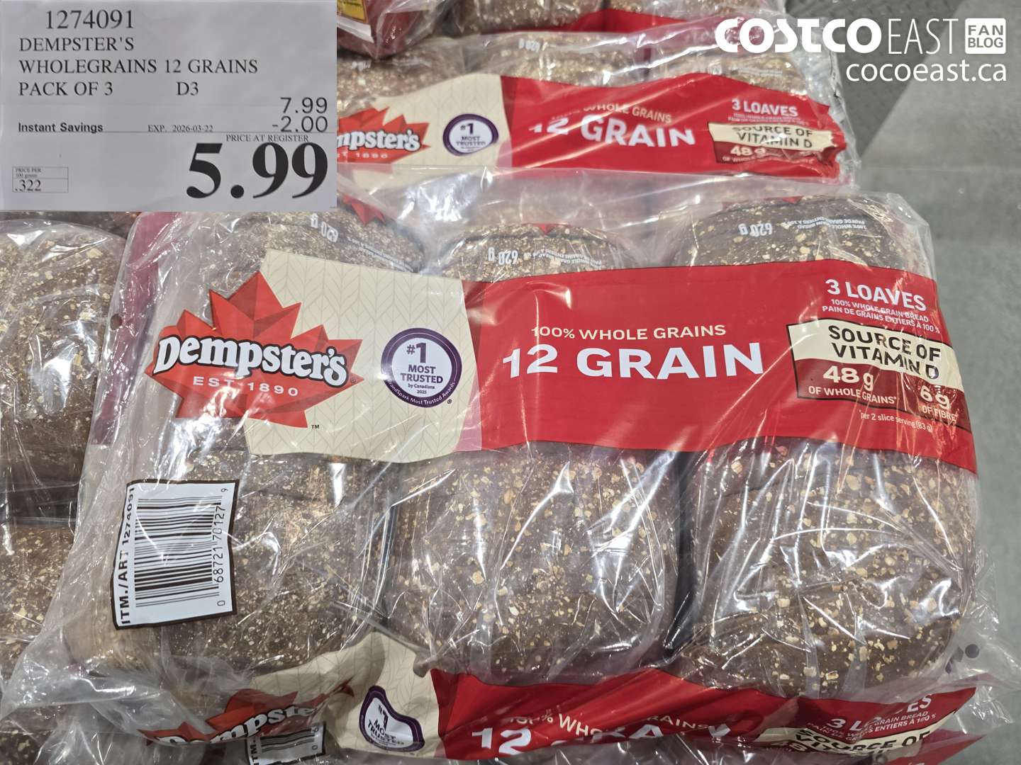 1274091 DEMPSTER'S WHOLEGRAINS 12 GRAINS PACK OF 3 ($2.00 INSTANT SAVINGS EXPIRES ON 2026-03-22) $5.99