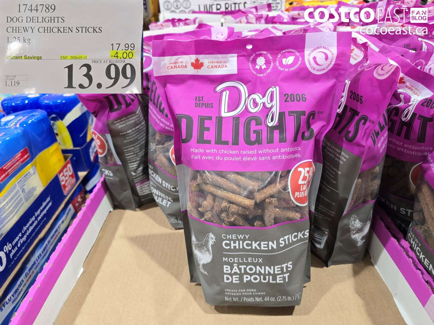 1744789 DOG DELIGHTS CHEWY CHICKEN STICKS 1.25 KG ($4.00 INSTANT SAVINGS EXPIRES ON 2026-03-15) $13.99