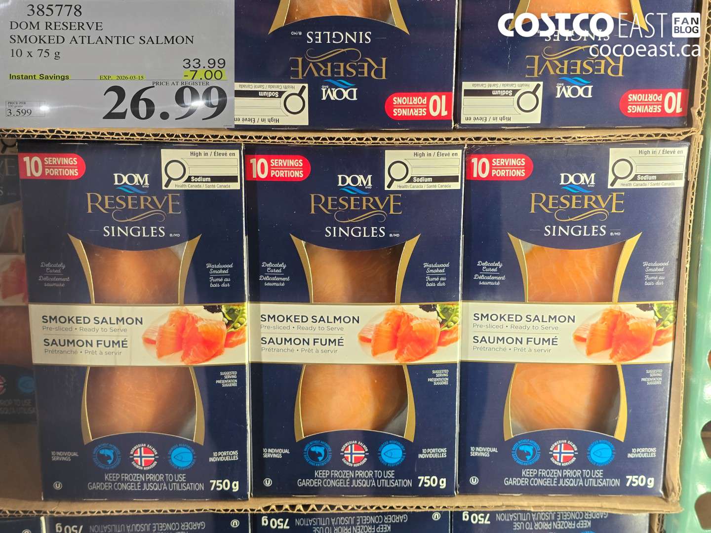 385778 DOM RESERVE SMOKED ATLANTIC SALMON 10 x 75 g ($7.00 INSTANT SAVINGS EXPIRES ON 2026-03-15) $26.99