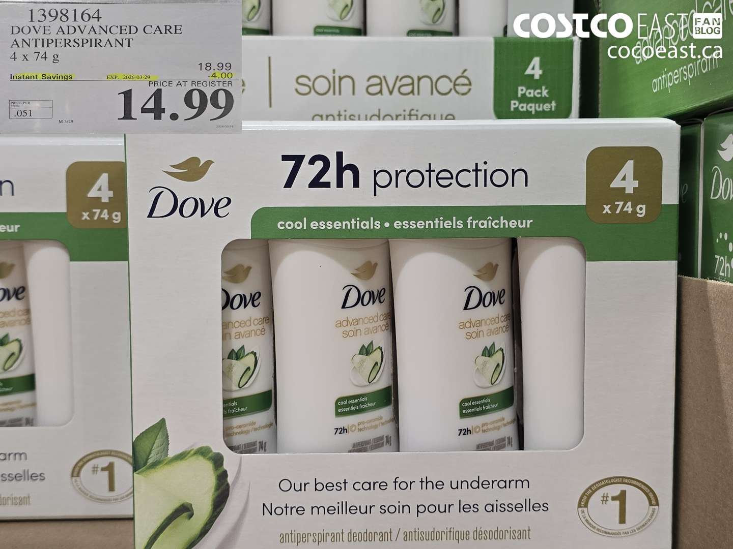 1398164 DOVE ADVANCED CARE ANTIPERSPIRANT 4 X 74 G ($4.00 INSTANT SAVINGS EXPIRES ON 2026-03-29) $14.99