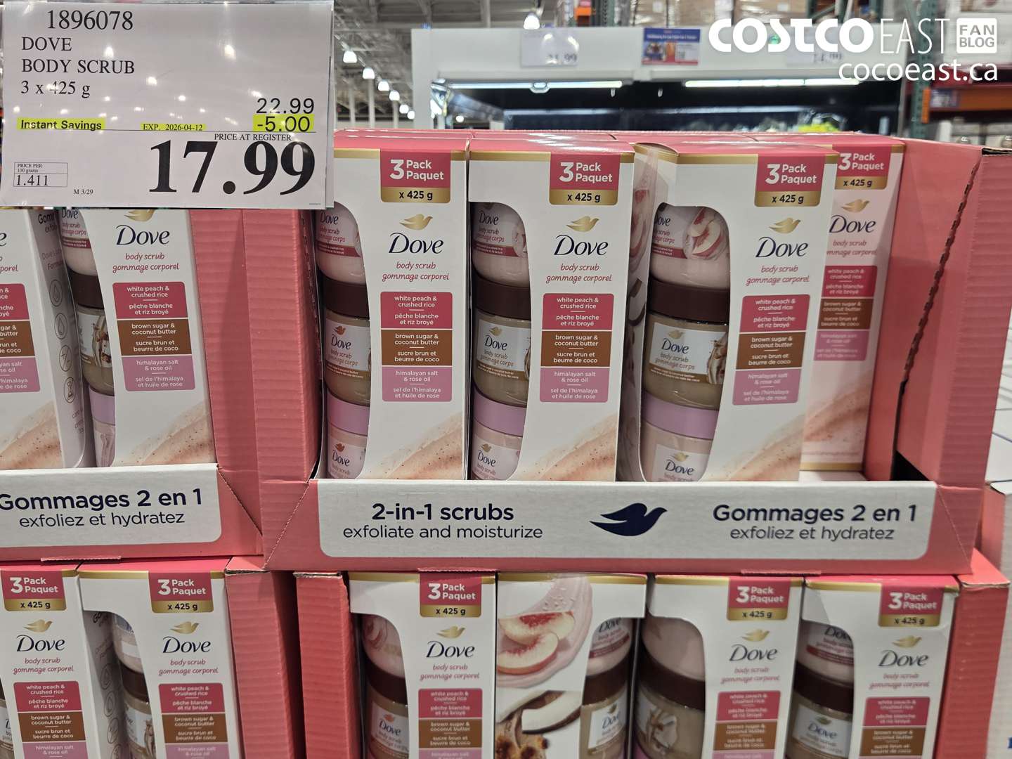 1896078 DOVE BODY SCRUB 3 X 425 G ($5.00 INSTANT SAVINGS EXPIRES ON 2026-04-12) $17.99