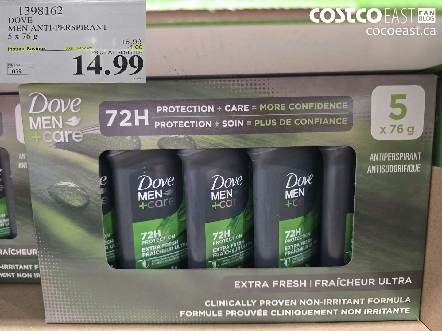 1398162 DOVE MEN ANTI-PERSPIRANT 5 X 76 G ($4.00 INSTANT SAVINGS EXPIRES ON 2026-03-22) $14.99