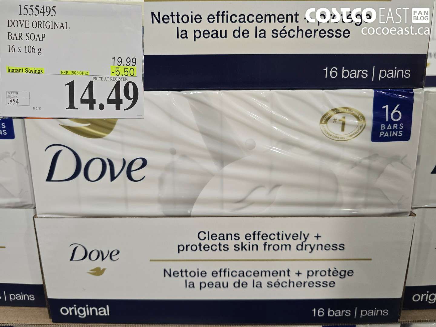 1555495 DOVE ORIGINAL BAR SOAP 16 X 106 G ($5.50 INSTANT SAVINGS EXPIRES ON 2026-04-12) $14.49