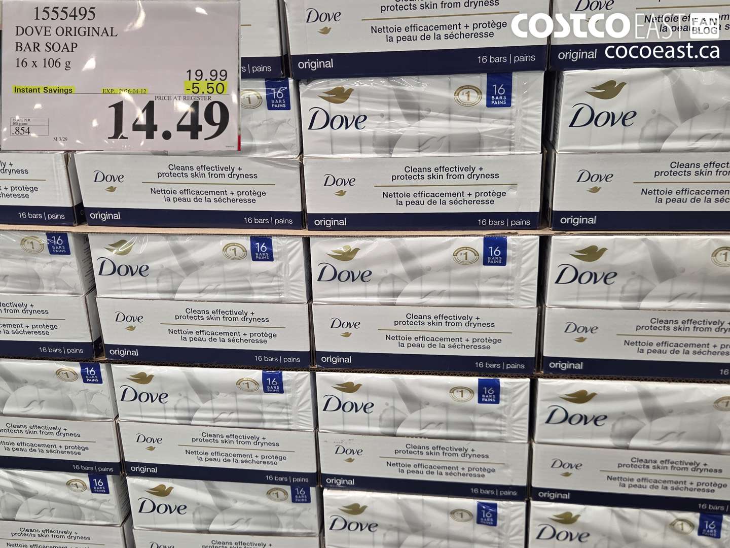 1555495 DOVE ORIGINAL BAR SOAP 16 X 106 G ($5.50 INSTANT SAVINGS EXPIRES ON 2026-04-12) $14.49