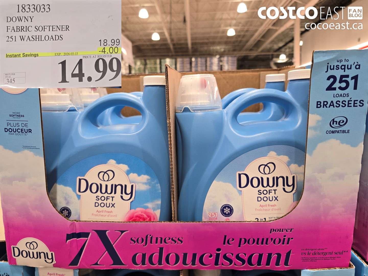 1833033 DOWNY FABRIC SOFTENER 251 WASHLOADS ($4.00 INSTANT SAVINGS EXPIRES ON 2026-03-15) $14.99