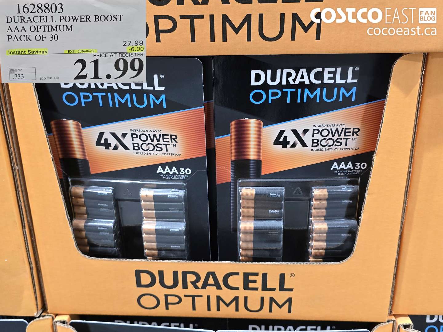 1628803 DURACELL POWER BOOST AAA OPTIMUM PACK OF 30 ($6.00 INSTANT SAVINGS EXPIRES ON 2026-04-12) $21.99