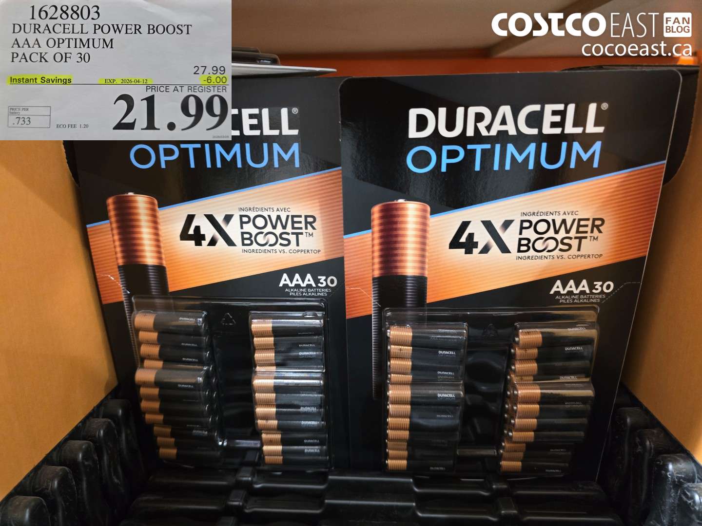 1628803 DURACELL POWER BOOST AAA OPTIMUM PACK OF 30 ($6.00 INSTANT SAVINGS EXPIRES ON 2026-04-12) $21.99