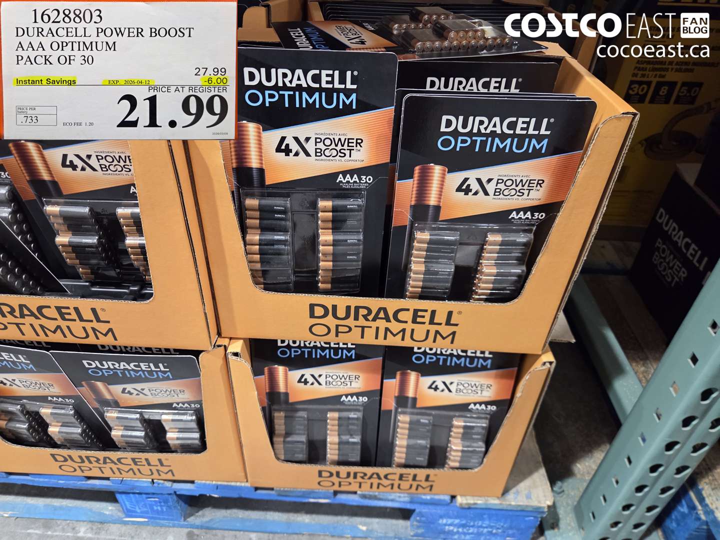1628803 DURACELL POWER BOOST AAA OPTIMUM PACK OF 30 ($6.00 INSTANT SAVINGS EXPIRES ON 2026-04-12) $21.99
