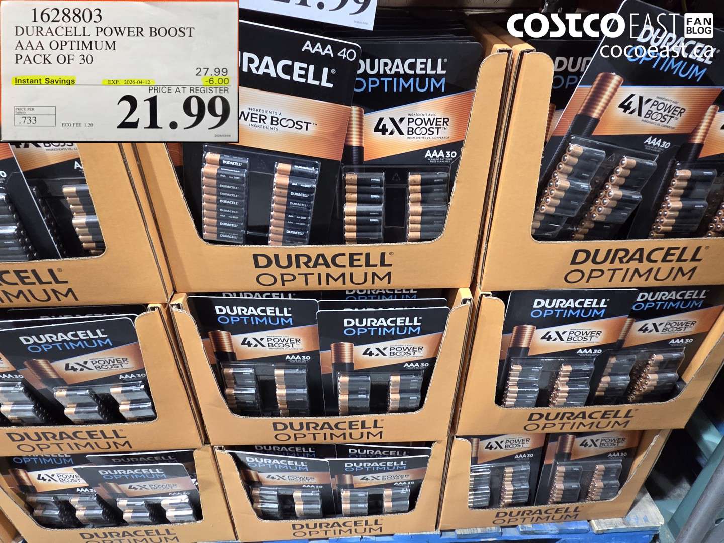 1628803 DURACELL POWER BOOST AAA OPTIMUM PACK OF 30 ($6.00 INSTANT SAVINGS EXPIRES ON 2026-04-12) $21.99
