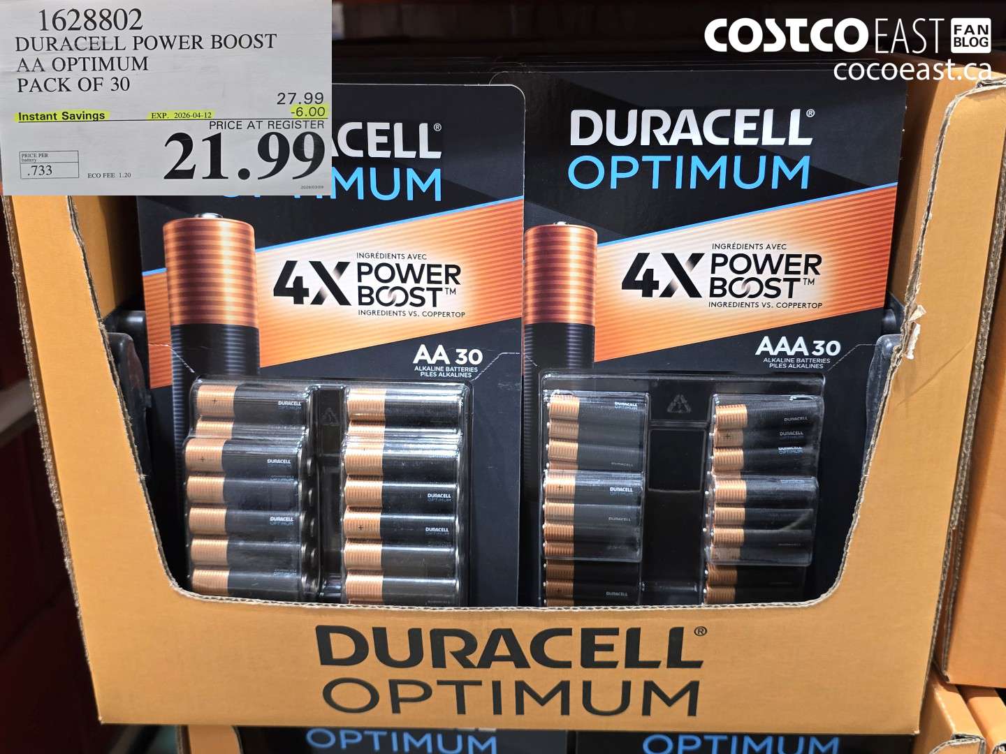 1628802 DURACELL POWER BOOST AA OPTIMUM PACK OF 30 ($6.00 INSTANT SAVINGS EXPIRES ON 2026-04-12) $21.99