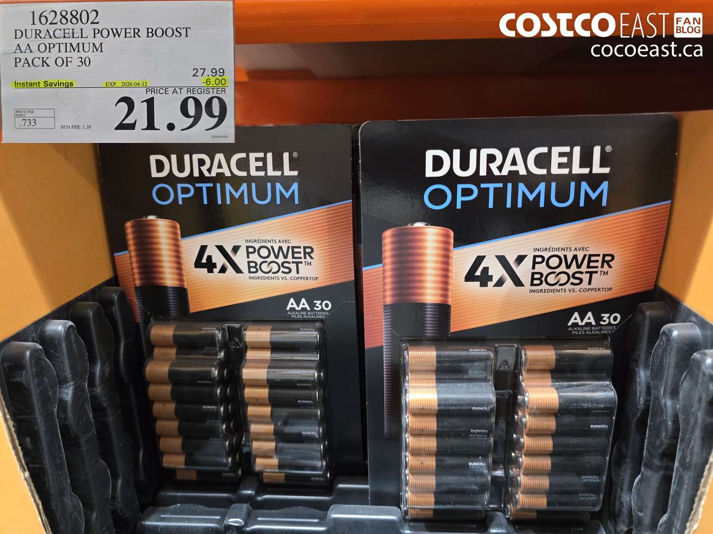 1628802 DURACELL POWER BOOST AA OPTIMUM PACK OF 30 ($6.00 INSTANT SAVINGS EXPIRES ON 2026-04-12) $21.99
