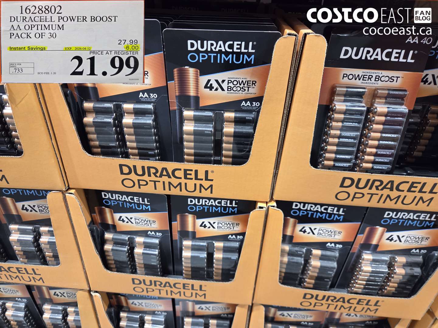 1628802 DURACELL POWER BOOST AA OPTIMUM PACK OF 30 ($6.00 INSTANT SAVINGS EXPIRES ON 2026-04-12) $21.99