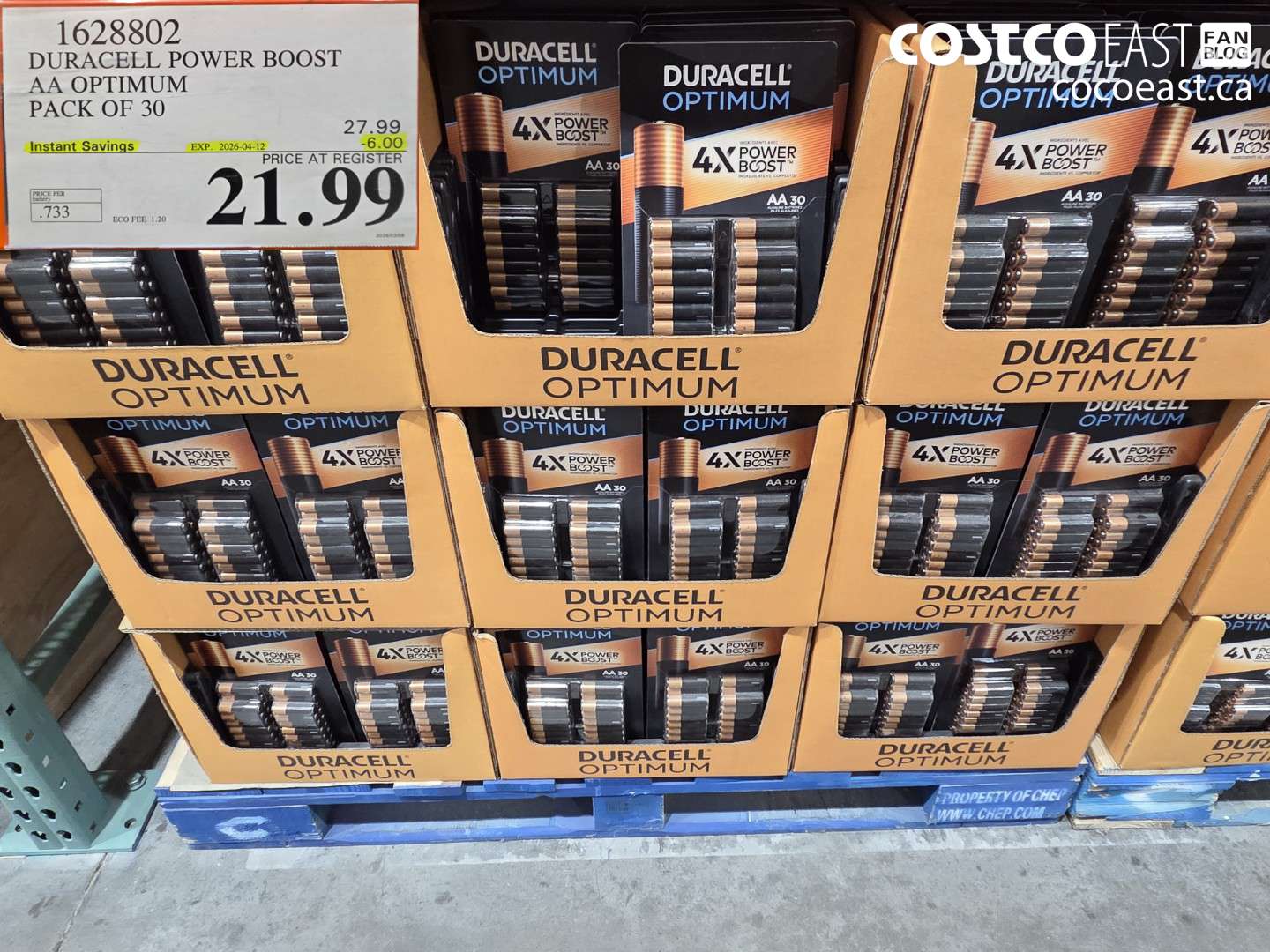 1628802 DURACELL POWER BOOST AA OPTIMUM PACK OF 30 ($6.00 INSTANT SAVINGS EXPIRES ON 2026-04-12) $21.99