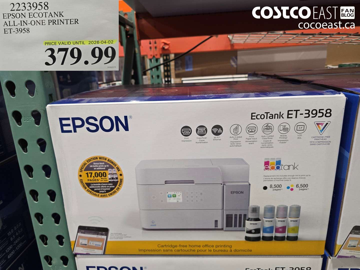 2233958 EPSON ECOTANK ALL-IN-ONE PRINTER ET-3958 $379.99