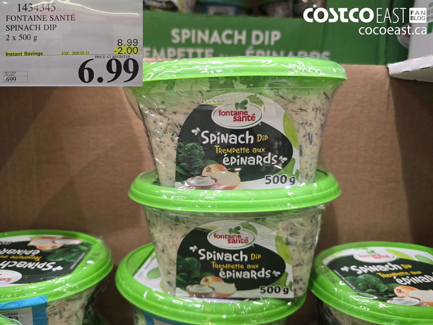 1434345 FONTAINE SANTÉ SPINACH DIP 2 X 500 G ($2.00 INSTANT SAVINGS EXPIRES ON 2026-03-15) $6.99