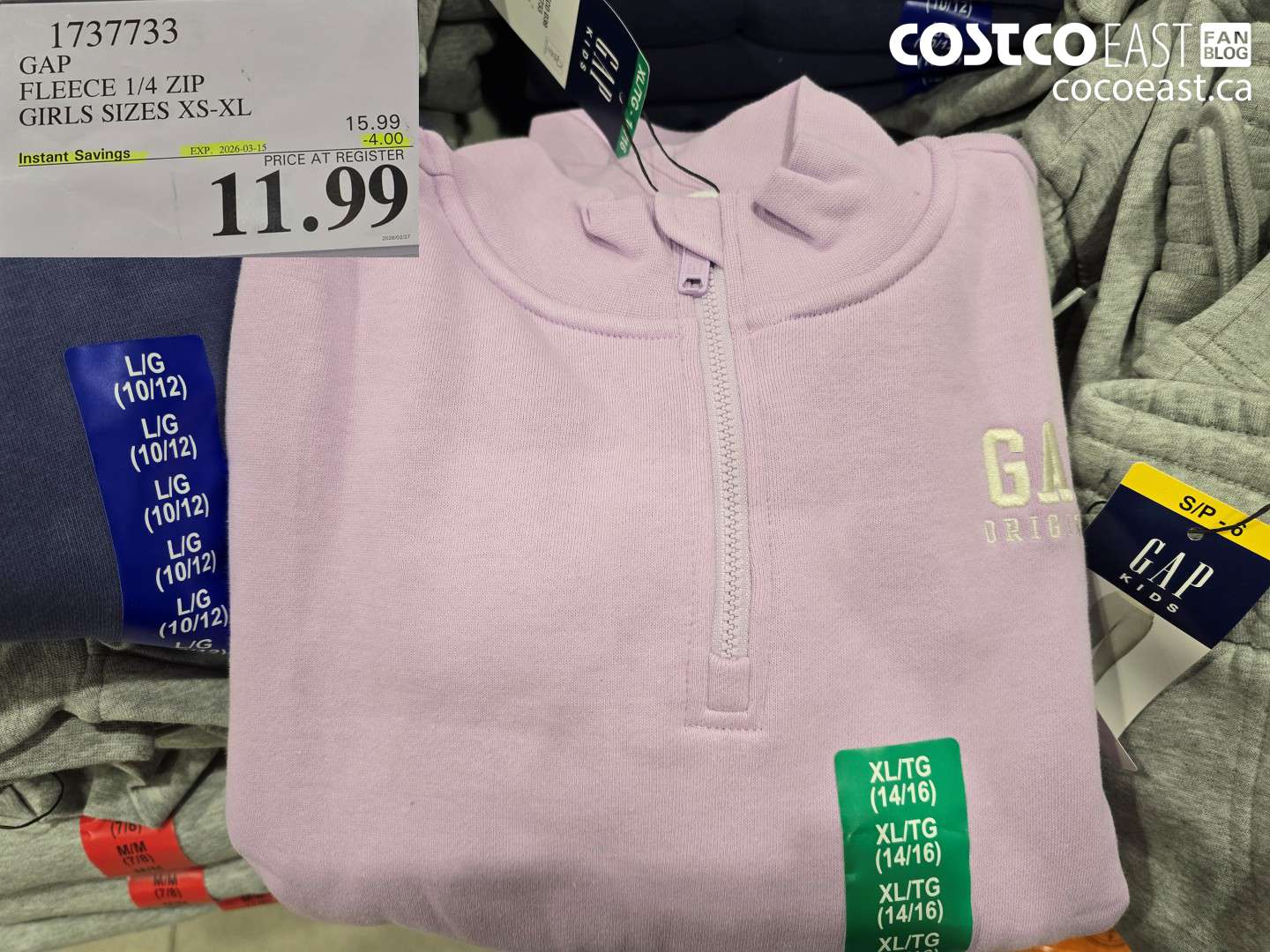 1737733 GAP FLEECE 1/4 ZIP GIRLS SIZES XS-XL ($4.00 INSTANT SAVINGS EXPIRES ON 2026-03-15) $11.99