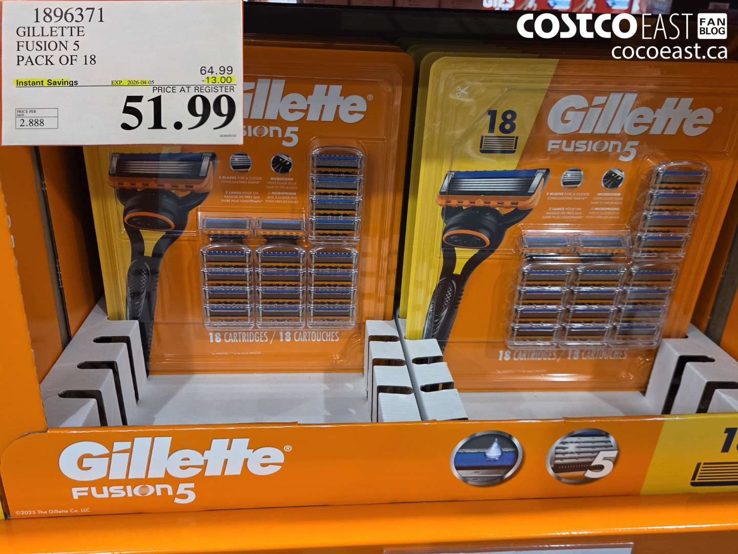 1896371 GILLETTE FUSION 5 PACK OF 18 ($13.00 INSTANT SAVINGS EXPIRES ON 2026-04-05) $51.99