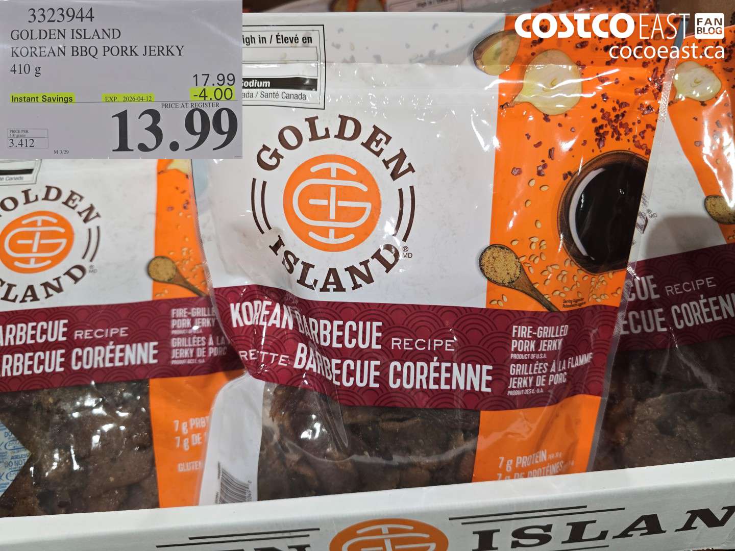 3323944 GOLDEN ISLAND KOREAN BBQ PORK JERKY 410 G ($4.00 INSTANT SAVINGS EXPIRES ON 2026-04-12) $13.99