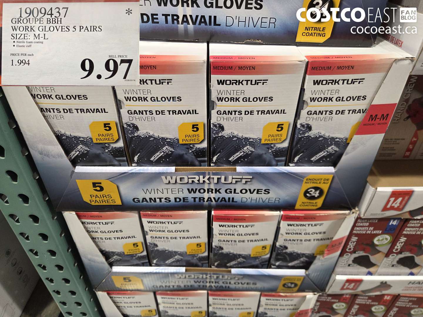1909437 GROUPE BBH WORK GLOVES 5 PAIRS SIZE: M-L $9.97