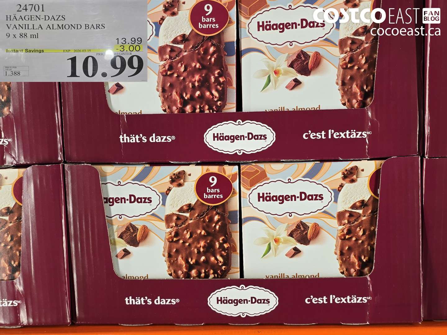 24701 HAAGEN-DAZS VANILLA ALMOND BARS 9 X 88 ML ($3.00 INSTANT SAVINGS EXPIRES ON 2026-03-15) $10.99