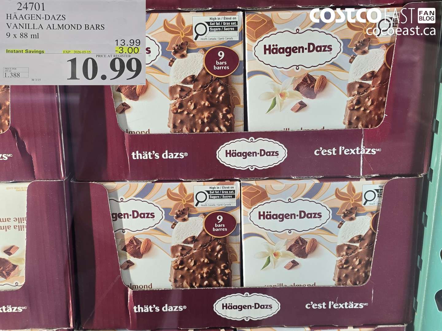 24701 HAAGEN-DAZS VANILLA ALMOND BARS 9 X 88 ML ($3.00 INSTANT SAVINGS EXPIRES ON 2026-03-15) $10.99