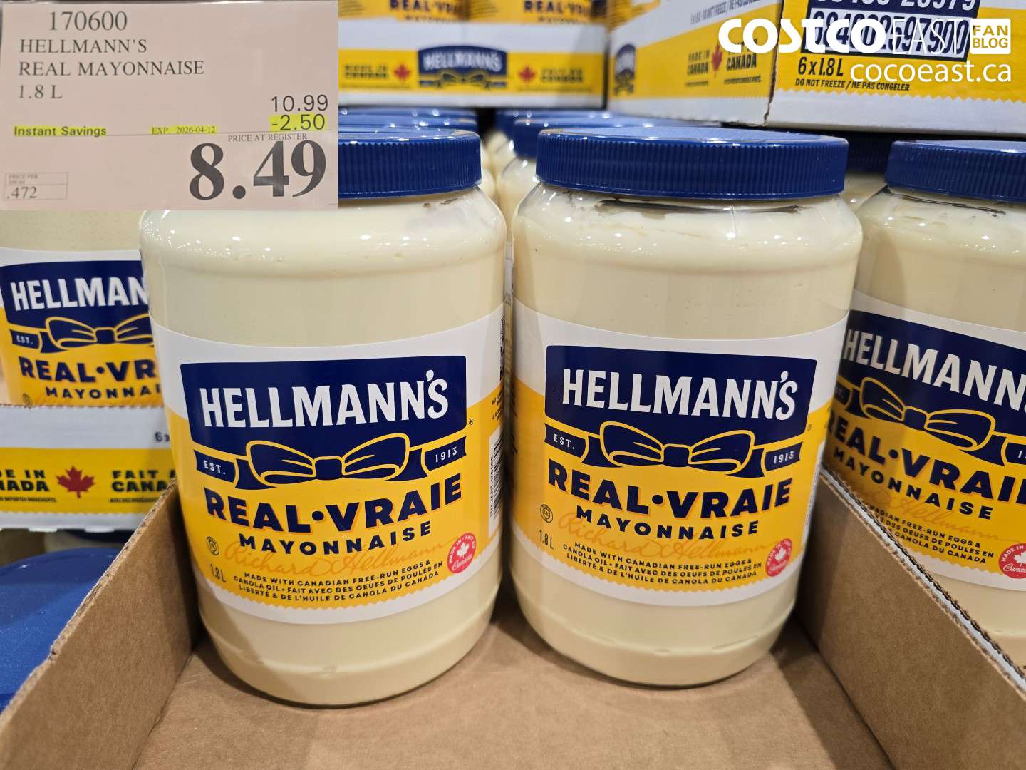 170600 HELLMANN'S REAL MAYONNAISE 1.8 L ($2.50 INSTANT SAVINGS EXPIRES ON 2026-04-12) $8.49