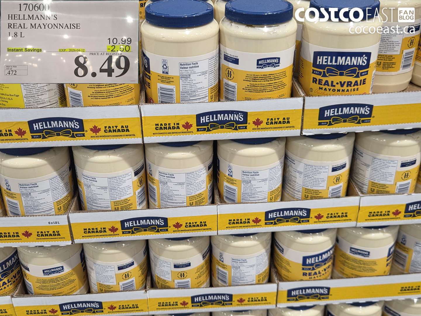 170600 HELLMANN'S REAL MAYONNAISE 1.8 L ($2.50 INSTANT SAVINGS EXPIRES ON 2026-04-12) $8.49