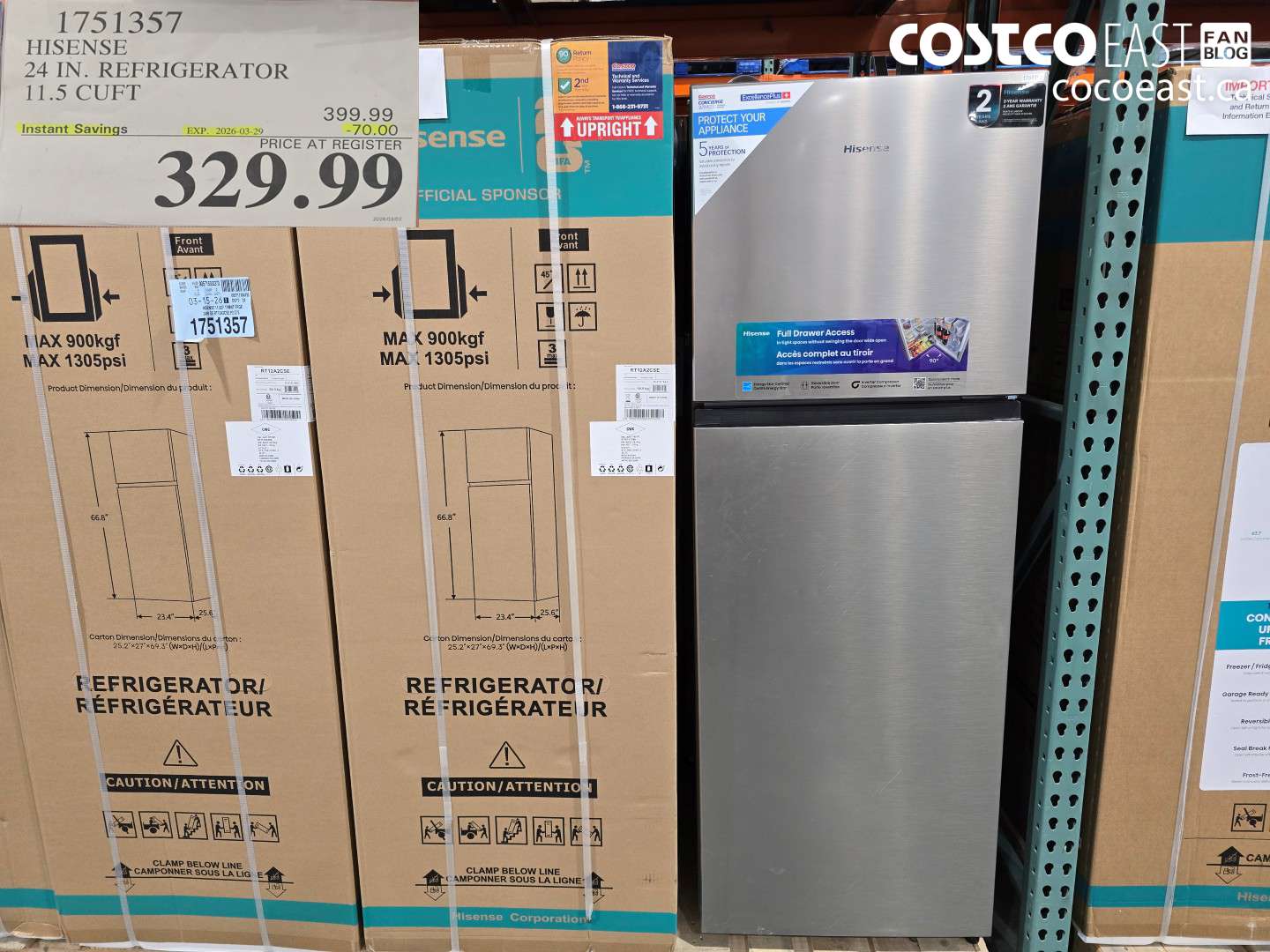 1751357 HISENSE 24 IN. REFRIGERATOR 11.5 CUFT ($70.00 INSTANT SAVINGS EXPIRES ON 2026-03-29) $329.99