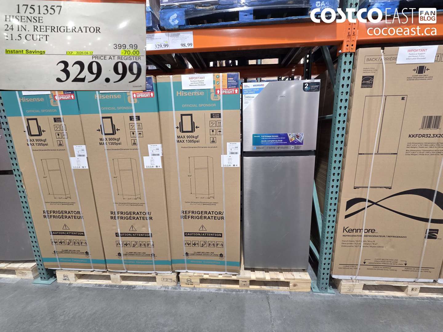 1751357 HISENSE 24 IN. REFRIGERATOR 21.5 CUFT ($70.00 INSTANT SAVINGS EXPIRES ON 2026-04-12) $329.99