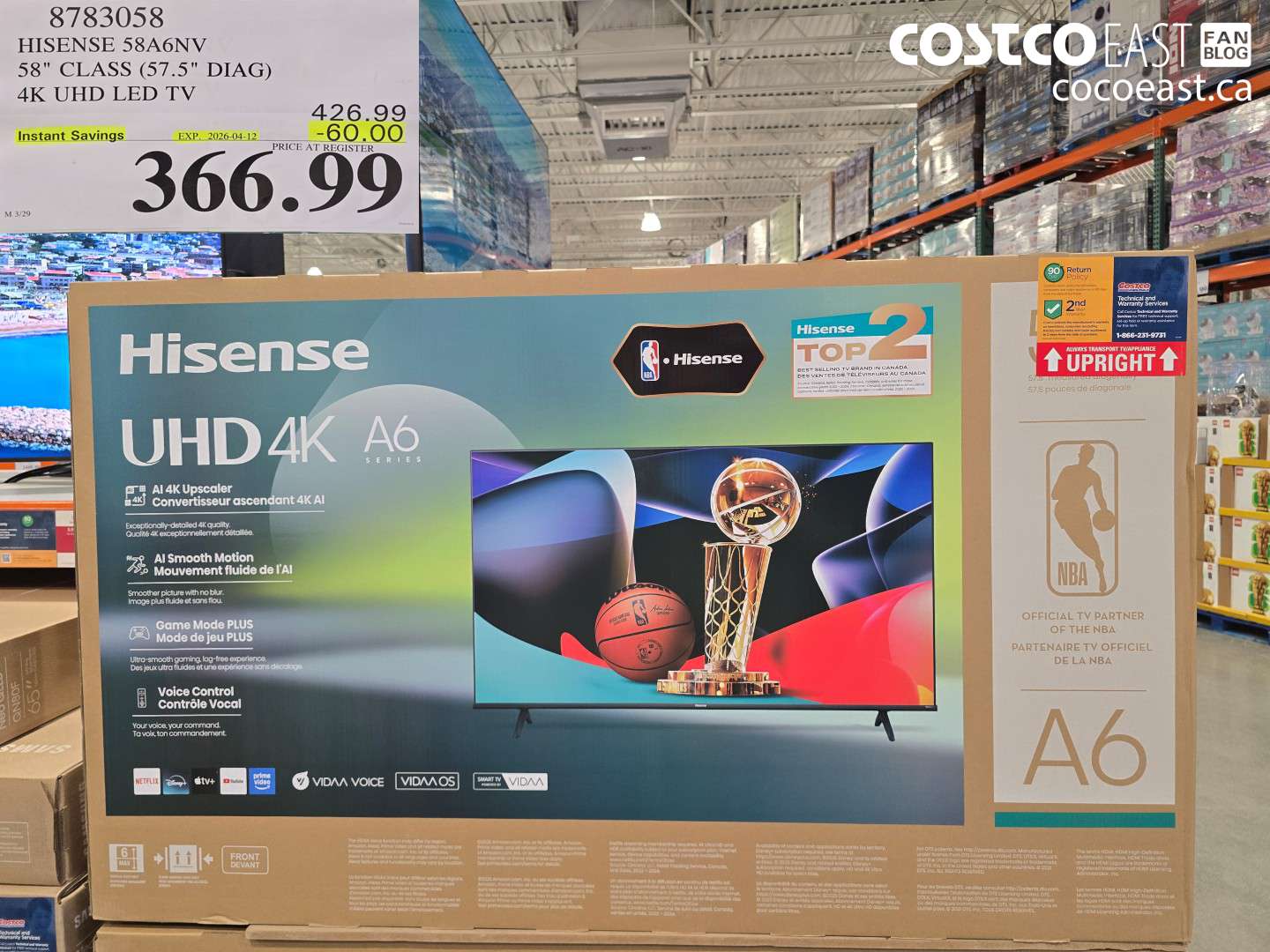 8783058 HISENSE 58A6NV 58IN CLASS (57.5IN DIAG) 4K UHD LED TV ($60.00 INSTANT SAVINGS EXPIRES ON 2026-04-12) $366.99