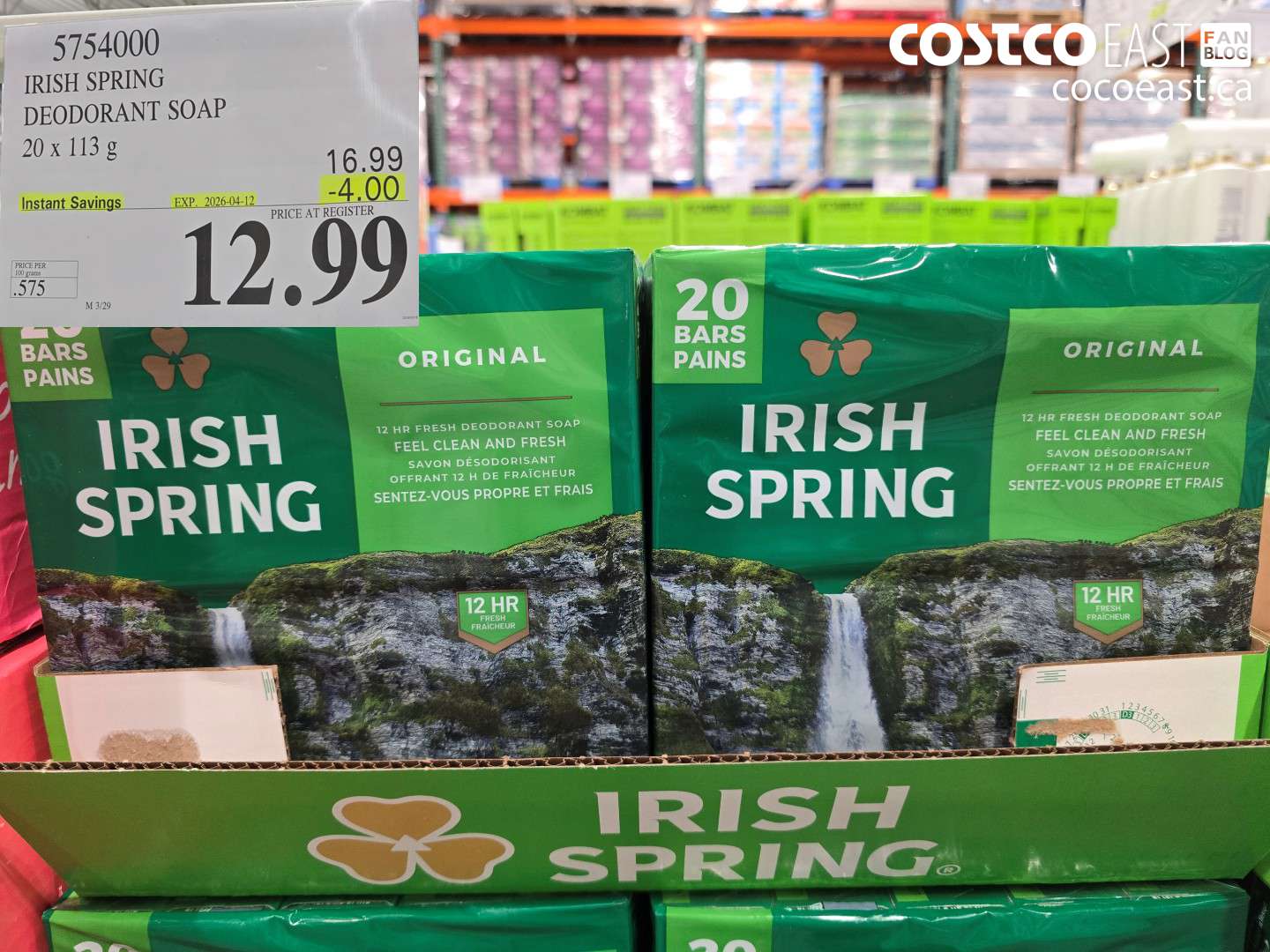 5754000 IRISH SPRING DEODORANT SOAP 20 X 113 G ($4.00 INSTANT SAVINGS EXPIRES ON 2026-04-12) $12.99