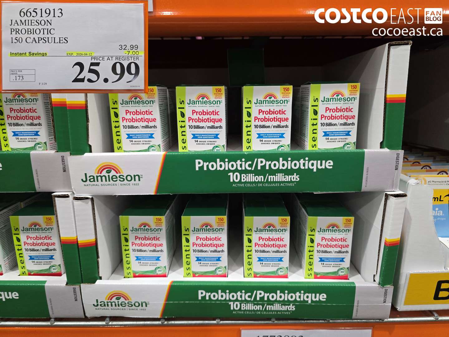 6651913 JAMIESON PROBIOTIC 150 CAPSULES ($7.00 INSTANT SAVINGS EXPIRES ON 2026-04-12) $25.99