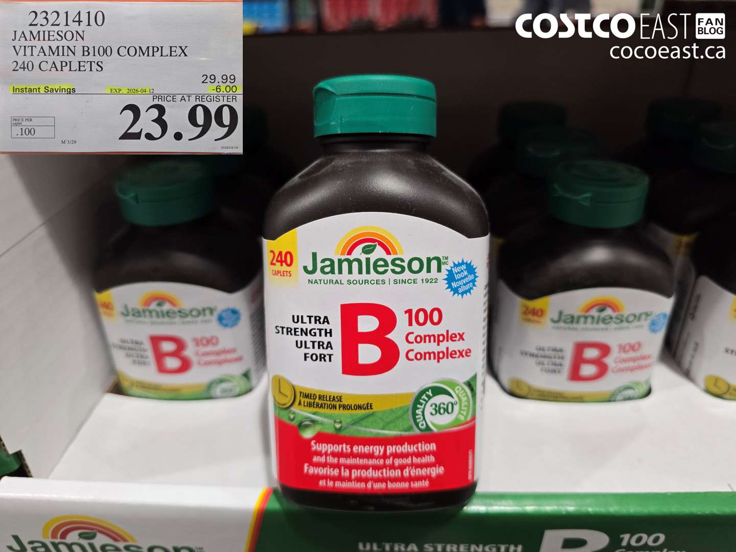 2321410 JAMIESON VITAMIN B100 COMPLEX 240 CAPLETS ($6.00 INSTANT SAVINGS EXPIRES ON 2026-04-12) $23.99