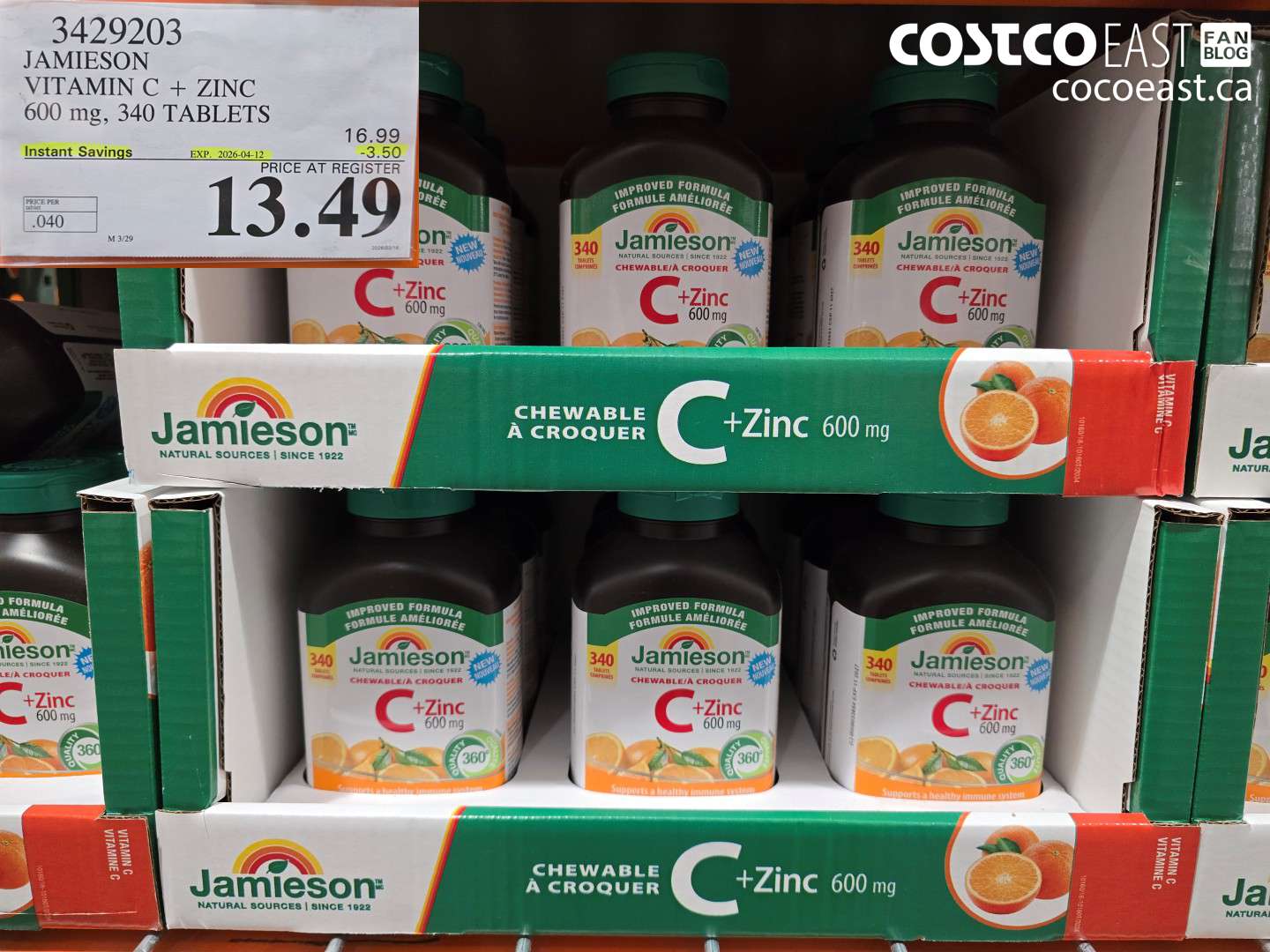 3429203 JAMIESON VITAMIN C + ZINC 600 MG, 340 TABLETS ($3.50 INSTANT SAVINGS EXPIRES ON 2026-04-12) $13.49