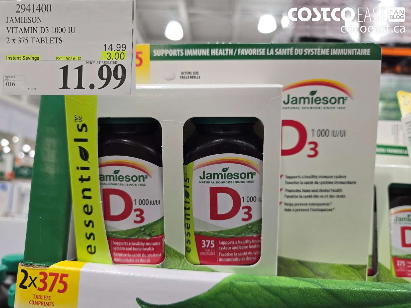 2941400 JAMIESON VITAMIN D3 1000 IU 2 X 375 TABLETS ($3.00 INSTANT SAVINGS EXPIRES ON 2026-04-12) $11.99