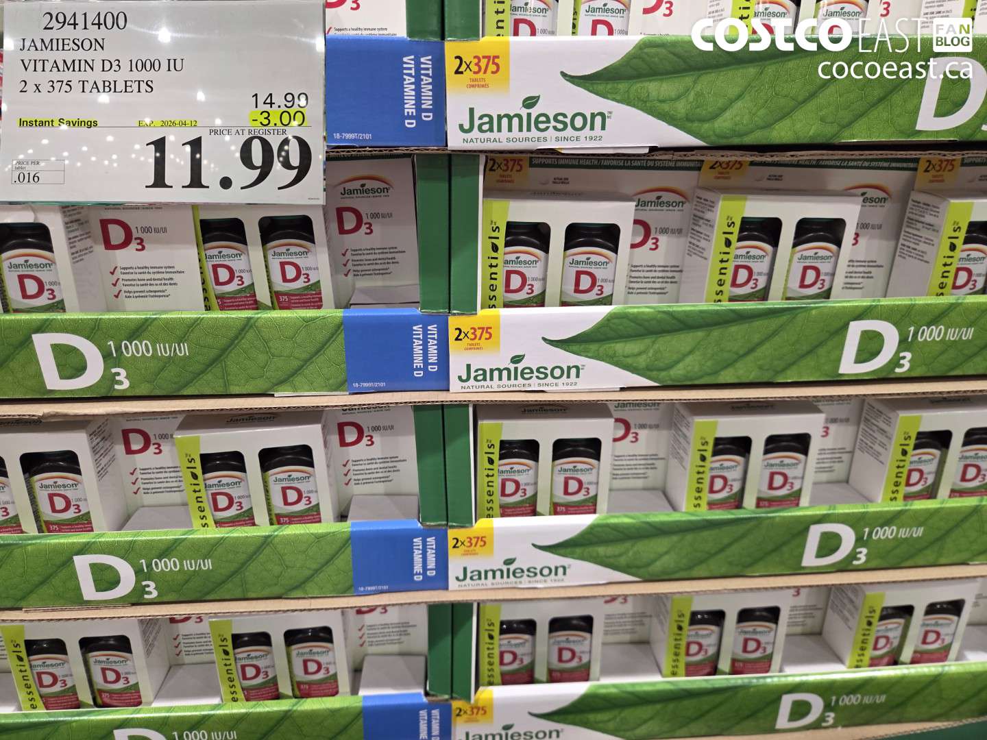 2941400 JAMIESON VITAMIN D3 1000 IU 2 X 375 TABLETS ($3.00 INSTANT SAVINGS EXPIRES ON 2026-04-12) $11.99